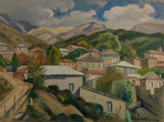 Skamneli, Zagori Villages, View with Clouds — Oil painting, Canvas, 46.00×61.00cm — Theodoros Markellos